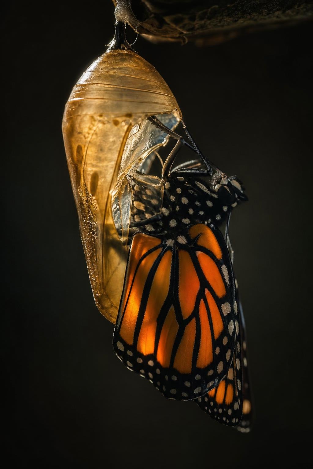 A monarch butterfly emerging from its chrysalis